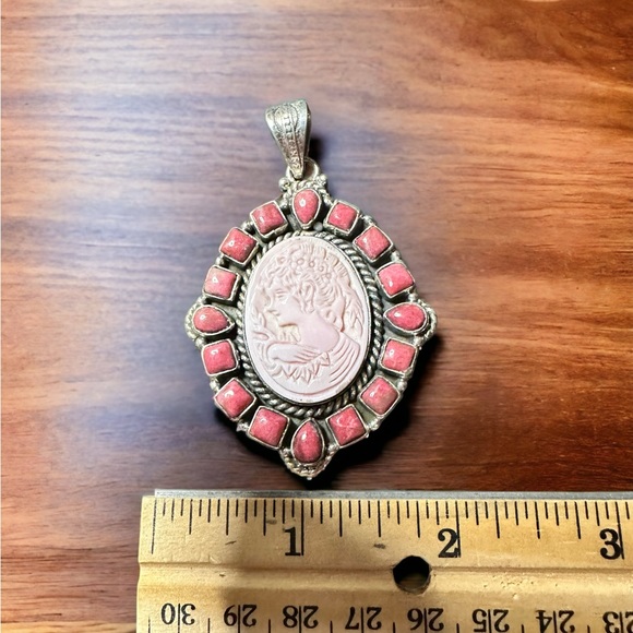 Carved Pink Conch & Rhodachrosite Pendant in Sterling Silver - Picture 4 of 8